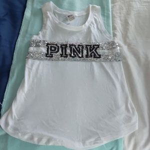 PINK white glitter tank top